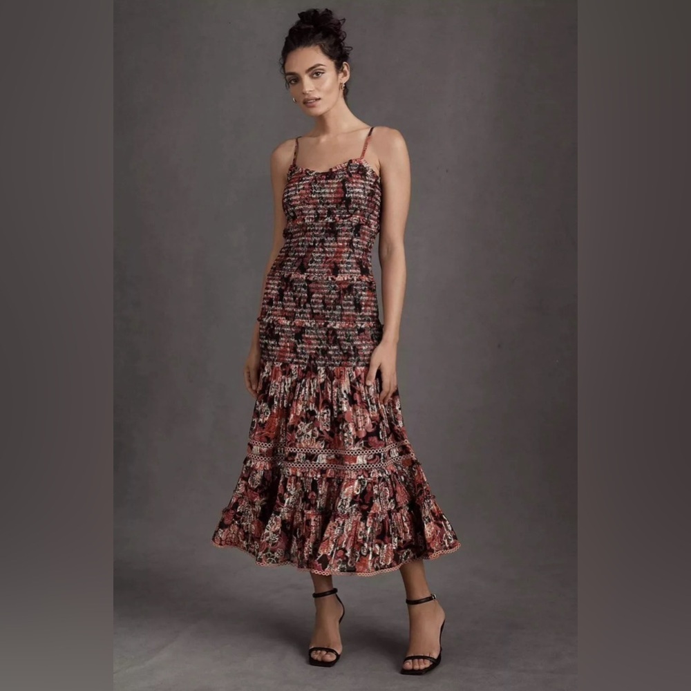 NWT Anthro BHLDN Hemant & Nandita Shirred Metallic Floral Tier Dress Revolve L - Picture 3 of 10